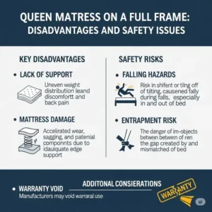 An infographic listing the key disadvantages and safety issues of putting a queen mattress on full frame.
