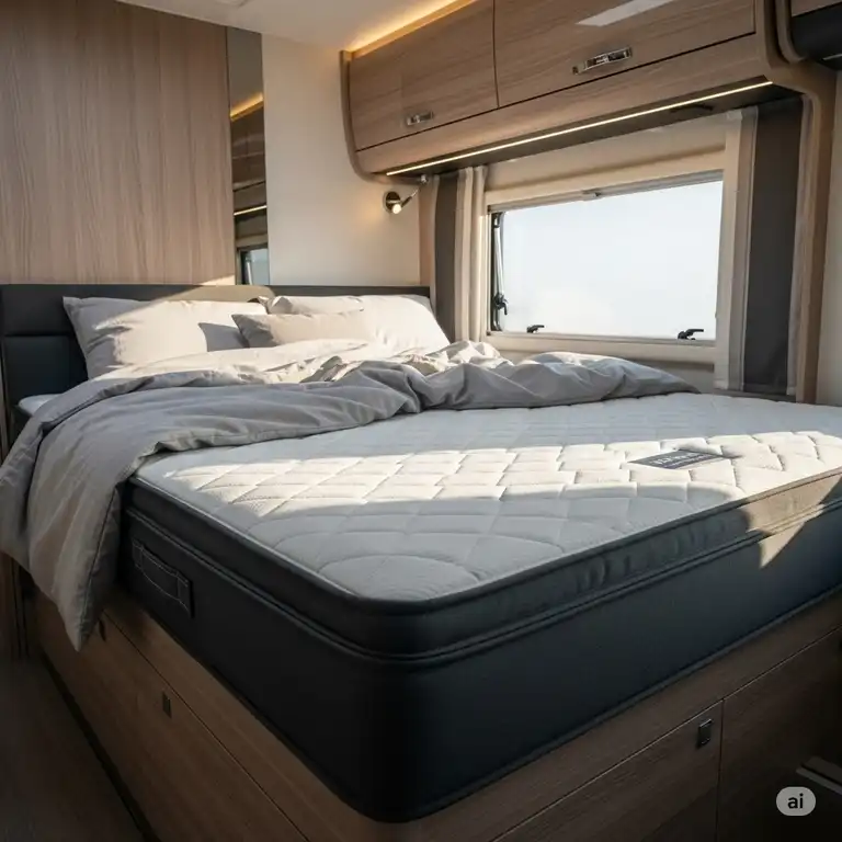 A high-quality image of a 42x80 mattress on a bed frame inside a modern RV, highlighting its perfect fit and comfort.