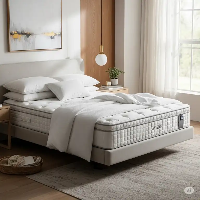 A professional photograph of a 66x80 mattress in a well-styled bedroom setting.
