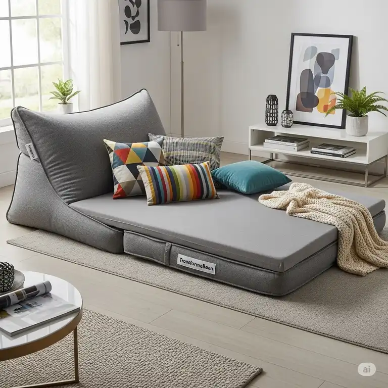 A versatile bean bag mattress that unfolds into a comfortable bed, pictured in a modern living room with throw pillows and a blanket.
