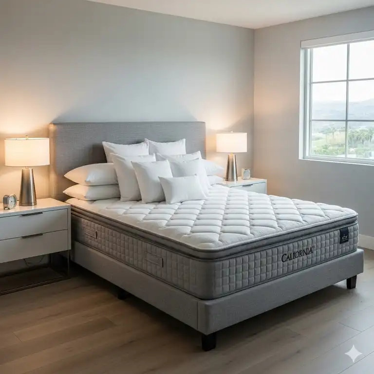 A luxurious california king pillow top mattress with crisp white sheets and pillows in a modern bedroom setting.