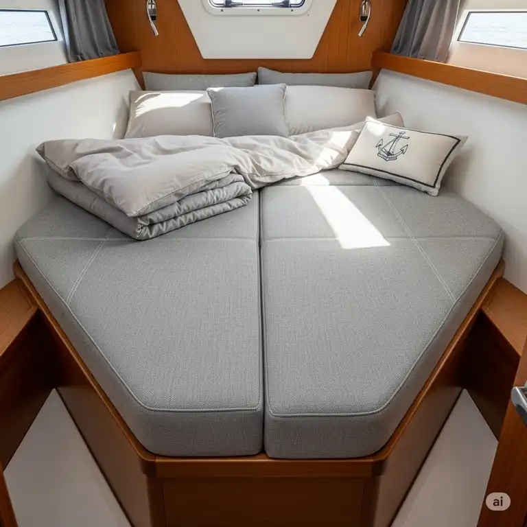 A high-quality custom boat mattress perfectly fitted in the V-berth of a modern boat, showcasing comfort and design.