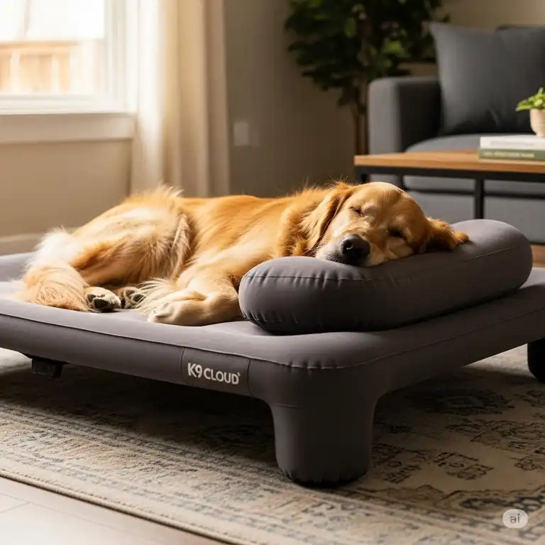 A golden retriever is sleeping soundly on a durable, elevated dog air mattress in a living room, highlighting the product's comfort and portability.