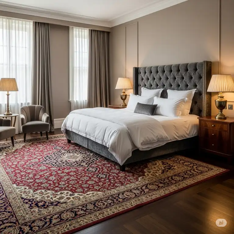 A luxurious bedroom features an eastern king mattress size, highlighting its generous dimensions and scale.