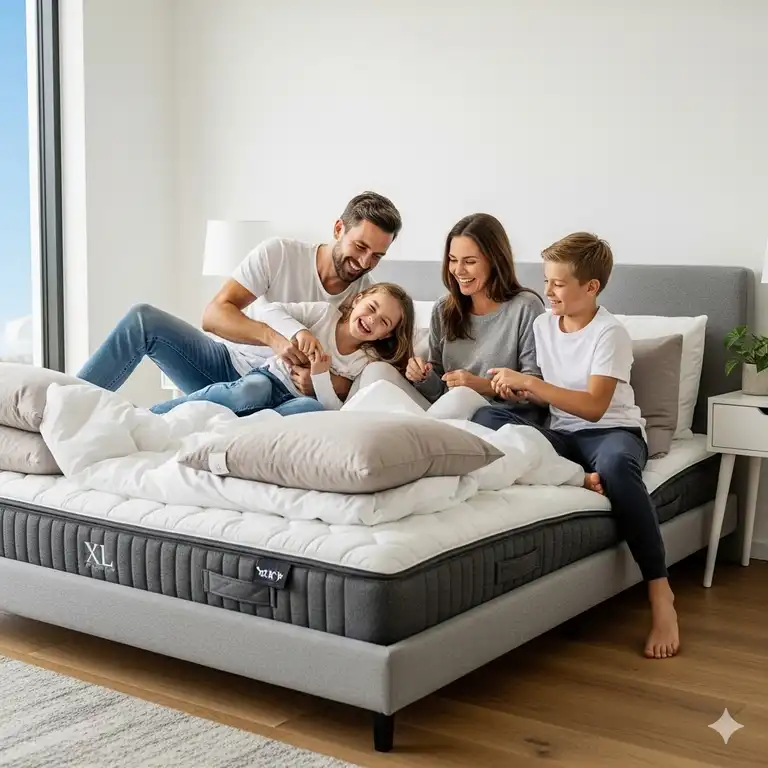 A happy family with two adults and two children relaxing and laughing together on a spacious family XL mattress in a bright, modern bedroom.