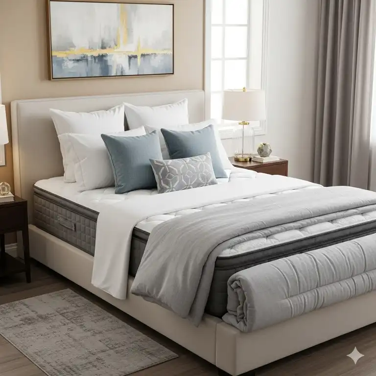 A luxurious bedroom featuring a Florida king mattress, demonstrating its spacious size and elegant comfort.