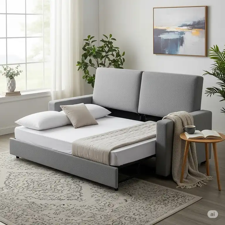 A modern grey folding mattress sofa comfortably set up in a living room, ready for use as both seating and a bed.