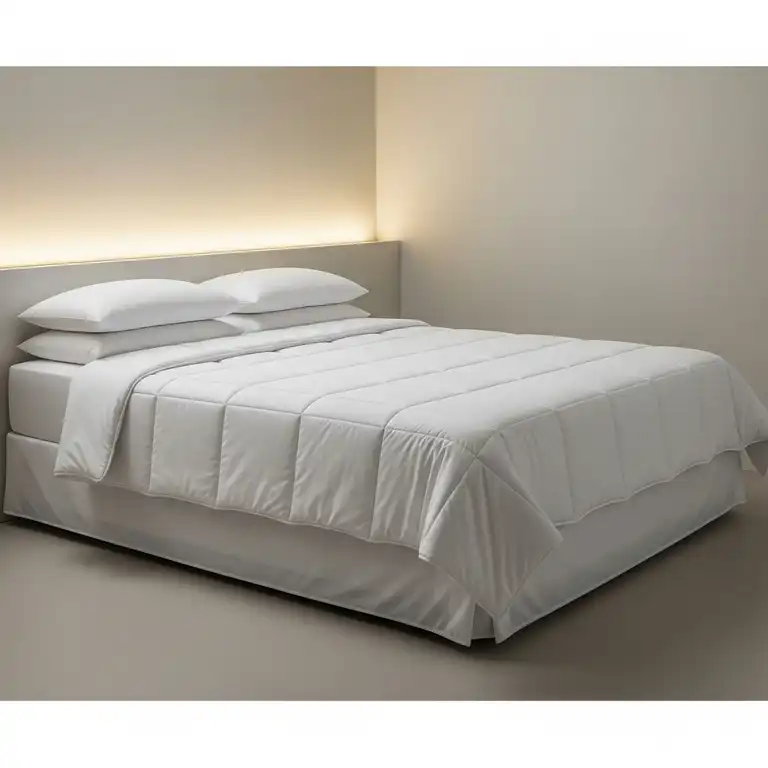 Full extra long mattress on a bed with a simple white comforter and pillows.