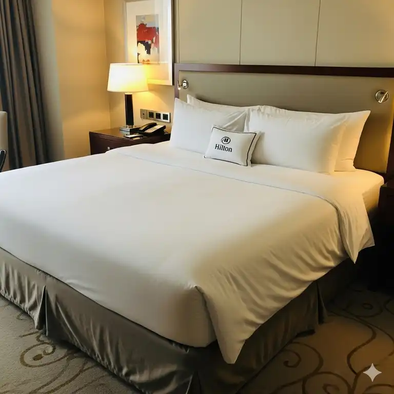 A luxurious Hilton hotel mattress, showcasing its elegant hilton mattress dimensions and weight and plush comfort.
