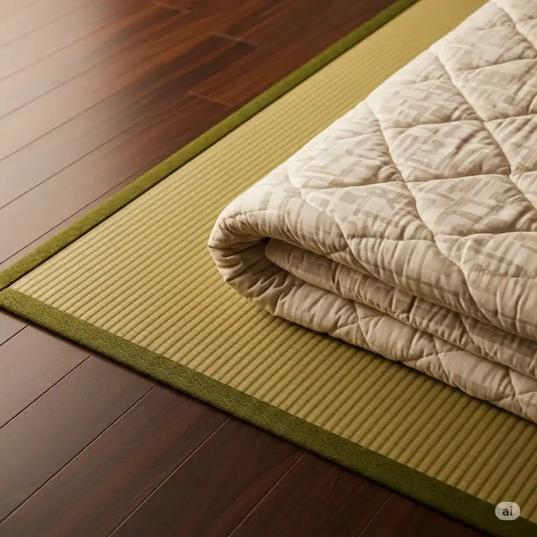 A close-up shot of a traditional japanese tatami mattress on a hardwood floor, showing the distinctive woven rush surface and a quilted futon.