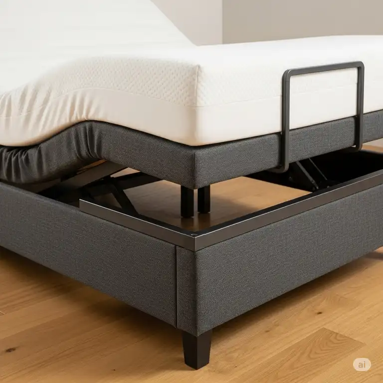 A metal mattress retainer bar securely holding a mattress in place on an adjustable bed base, preventing it from slipping when elevated.