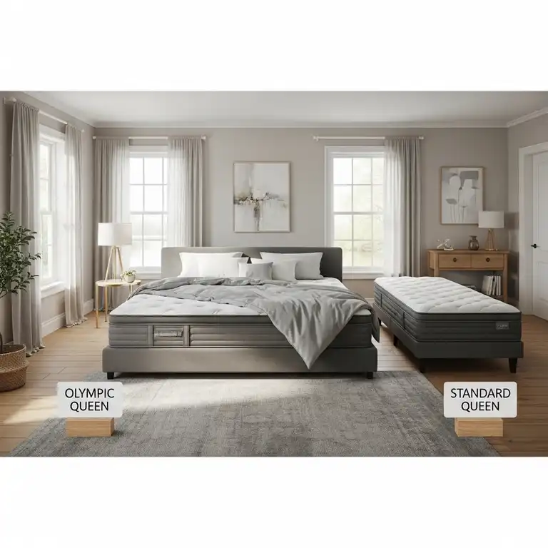 A comfortable olympic queen mattress size in a spacious bedroom, showing its unique size compared to a standard queen.