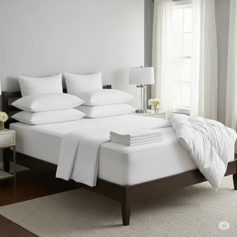 A plush short queen 60 x 74 mattress in a beautifully styled bedroom with white linens.