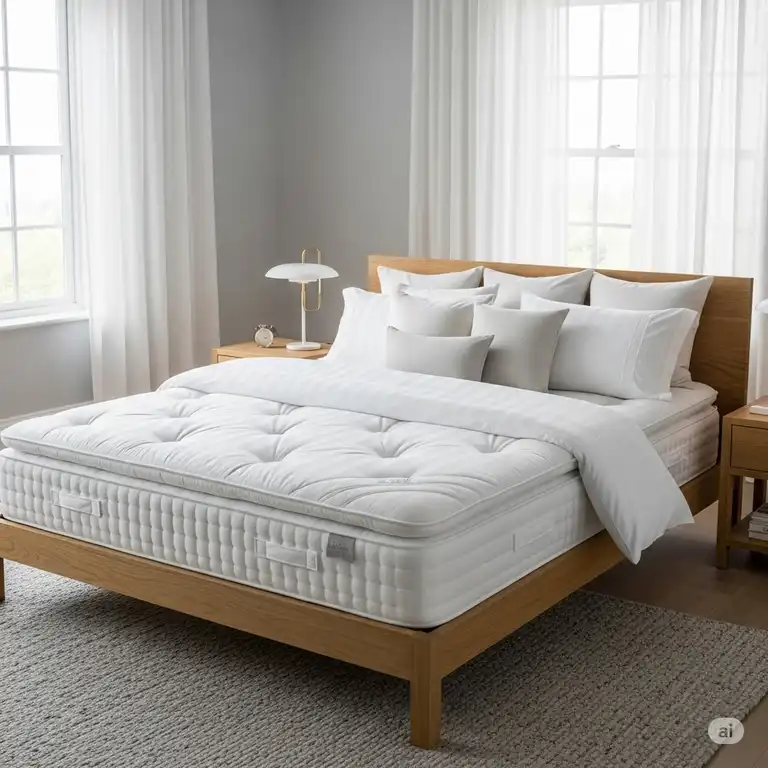 A high-quality, plush super king mattress placed on a wooden bed frame in a modern bedroom, showcasing its large size and luxurious feel.