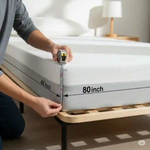 A person using a tape measure to verify the exact 42x80 mattress dimensions, demonstrating its unique size.