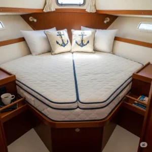 A detailed shot showing how a boat mattress fits snugly into a V-berth, highlighting the precision of the custom cut.