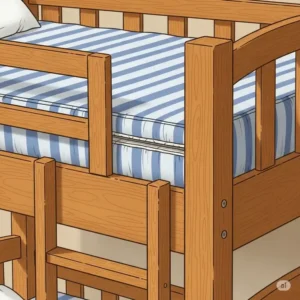Close-up illustration of a sturdy wooden bunk beds with mattress, showing how the safety rail on the top bunk prevents falls.