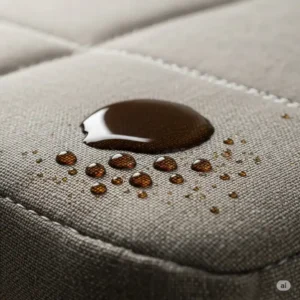 a close-up shot of a dog mattress cover showing its waterproof material repelling a liquid spill