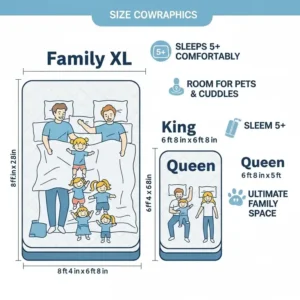 An infographic illustrating the extra-large dimensions of a family XL mattress compared to a king or queen size, highlighting the expansive space for multiple people.

