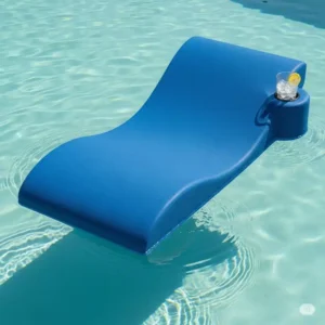 A durable, ergonomic pool lounger mattress with a built-in cup holder floating on calm water.