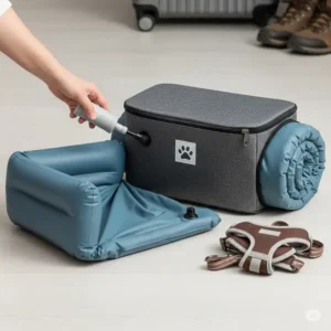 An inflatable dog bed is shown partially deflated, ready to be packed into a compact carrying case, demonstrating its travel-friendly design for trips with your pet.