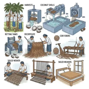 An illustration showing the process of making a coconut coir mattress, from harvesting coconuts to processing the husks and weaving the fibers into a bed.