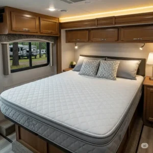 A custom 72x80 rv king mattress installed inside a motorhome bedroom, demonstrating its ideal fit and space-saving design.