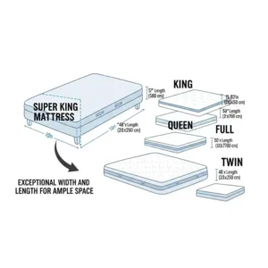 An illustration comparing the dimensions of a super king mattress to other standard mattress sizes, highlighting its exceptional width and length for ample space.
