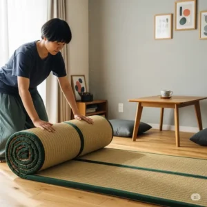 A person easily rolling up a lightweight japanese tatami mattress to store it away in a small apartment.