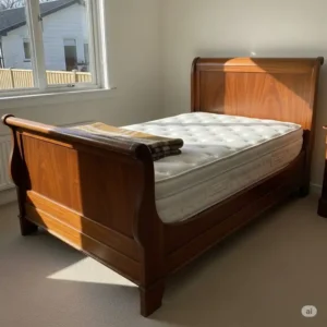 n antique wooden sleigh bed with a new 3 4 mattress fitted perfectly, highlighting its use in restoring vintage furniture.