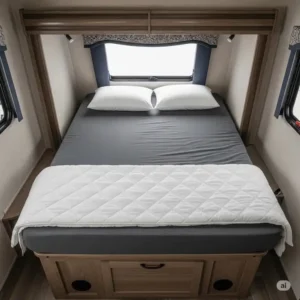 An overhead shot of a 42x80 mattress neatly fitting into the sleeping area of a recreational vehicle.
