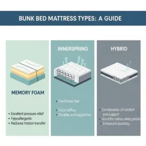 Infographic illustrating different bunk beds with mattress types, including memory foam, innerspring, and hybrid options.