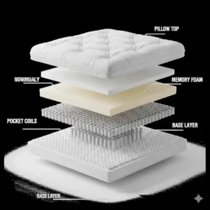 An exploded view of a california king pillow top mattress, highlighting the different layers and the soft, cushioned top.
