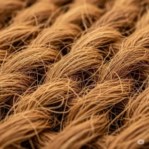 A detailed macro shot of coconut coir mattress fibers, emphasizing the durable and breathable structure that makes the mattress so supportive.