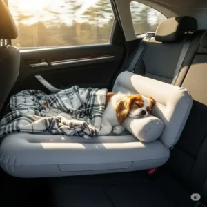A small dog is comfortably resting on a specially designed dog air mattress in the back seat of a car, showcasing its use as a secure and comfy travel bed.