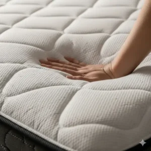 A close-up shot showing the plush, comfortable surface of a family XL mattress, with a hand pressing into the soft memory foam or pillow top.