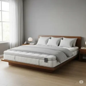 A full extra long mattress perfectly placed on a compatible bed frame in a modern bedroom.