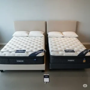 A side-by-side comparison showing the significant difference in simmons king mattress dimensions versus a queen mattress for better space planning.