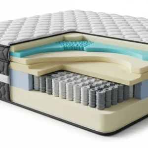 A cutaway view of a 60 x 74 mattress showing its different layers, including memory foam, coils, and the support base.