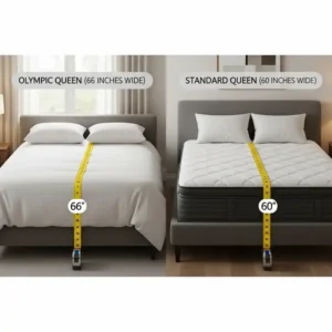 A visual comparison highlighting the extra 6 inches of width on an olympic queen mattress size compared to a standard queen.