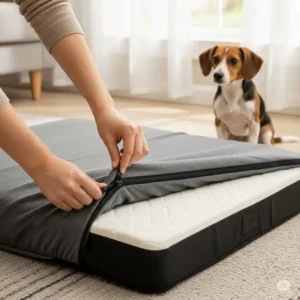 an easy-to-use zippered dog mattress cover being put on a pet's bed