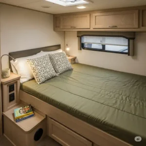 An interior shot of a recreational vehicle (RV) bedroom featuring a custom 3 4 mattress, ideal for compact spaces.