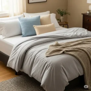 A comfortable-looking 42x80 mattress made up with cozy sheets and pillows, showing how to style this specific mattress size.