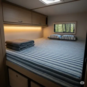 A photo of a 60 x 74 mattress perfectly fitted in a compact RV bedroom, showcasing its suitability for small spaces.