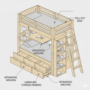 Diagram showcasing bunk beds with mattress and integrated storage, such as under-bed drawers and shelves, to maximize bedroom functionality.
