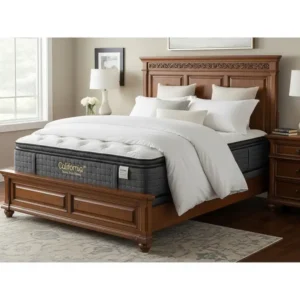 A shot of a california king pillow top mattress perfectly fitted on a wooden bed frame in a master bedroom.