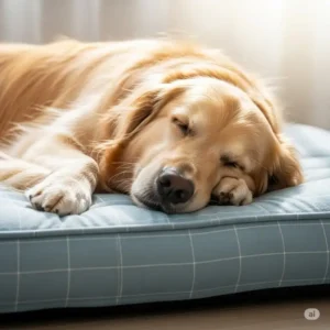 a happy dog sleeping comfortably on its bed with a new clean dog mattress cover