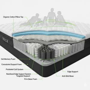 A cross-section diagram of a family XL mattress, revealing its multi-layered construction with supportive springs and foam to ensure proper spinal alignment for a good night's sleep.