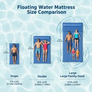 A graphic comparing the various sizes of floating water mattresses available, including single, double, and large family-sized options.