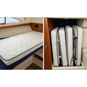 An example of a tri-fold or folding boat mattress, demonstrating its space-saving convenience for easy storage on a boat.